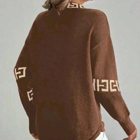 Multicolor Casual Women's V-Neck Drop Shoulder Loose Pullover Sweater - Picture 2 of 6